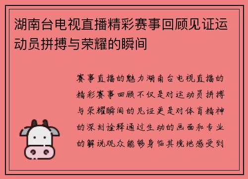 湖南台电视直播精彩赛事回顾见证运动员拼搏与荣耀的瞬间